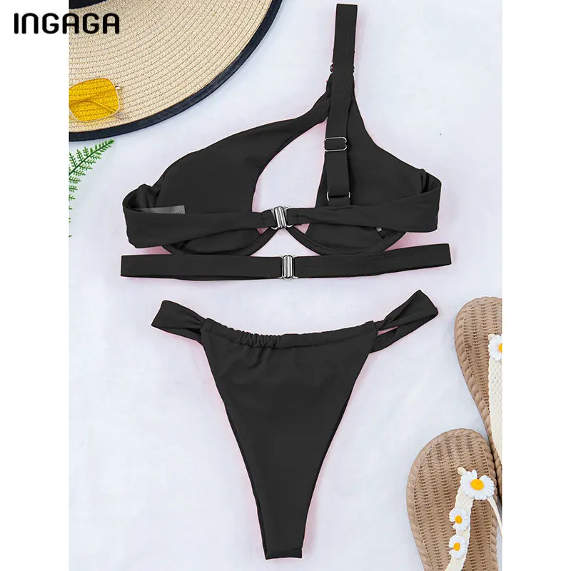 

INGAGA Push Up Bikinis Women's Swimsuits Cut Out Swimwear Sexy Black Biquini Micro Thong Bathing Suits One Shoulder Bikini Set