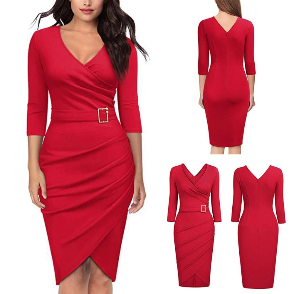 Dress women robe femme V Neck 3/4 Sleeve High Waist Belted Irregular Pencil Dress Summer robe vestidos de verano mujer 2022