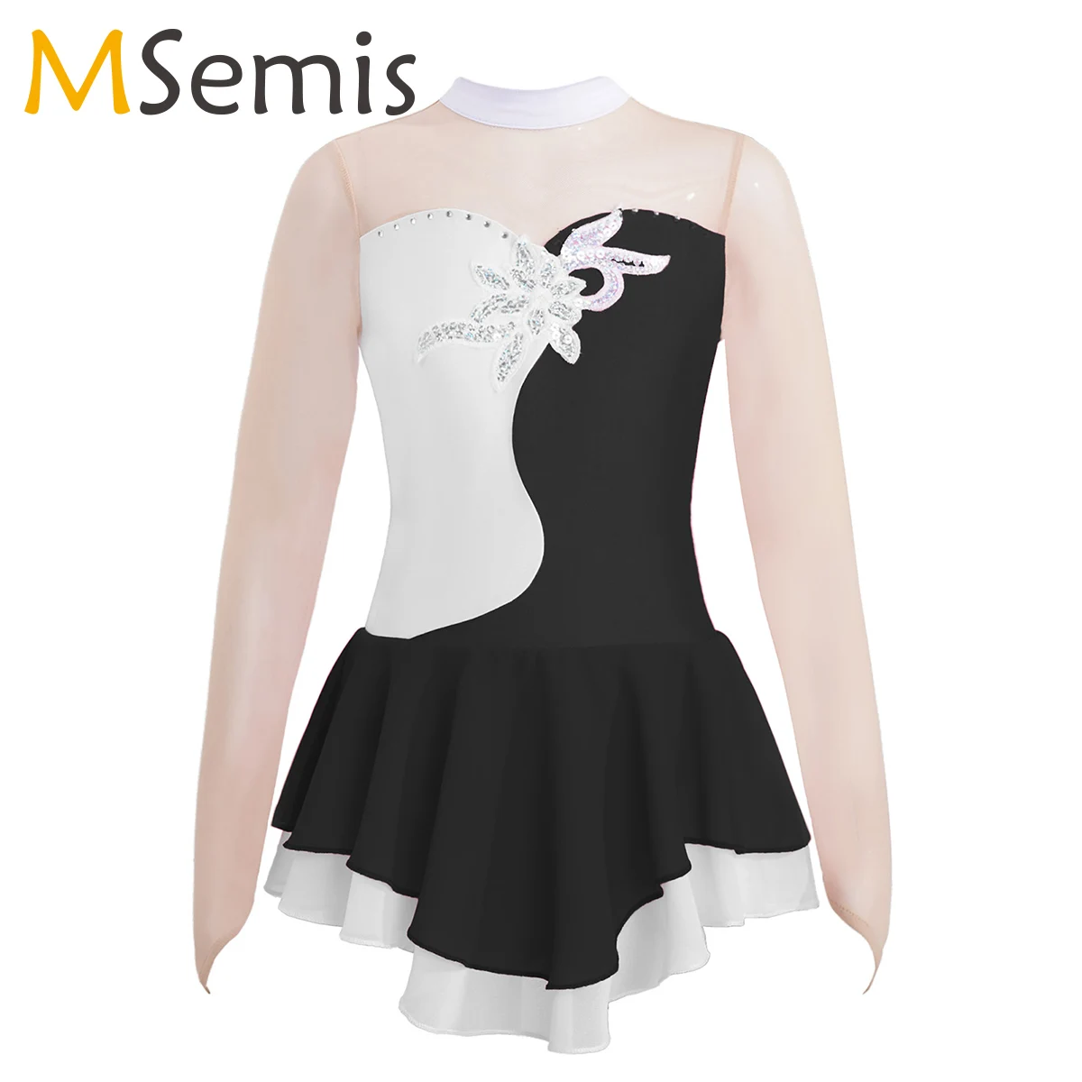 

Girls Diamonds Mesh Long Sleeve Dance Dress Figure Skating Artistic Gymnastic Training Performance Ballet Dance Leotard Dress