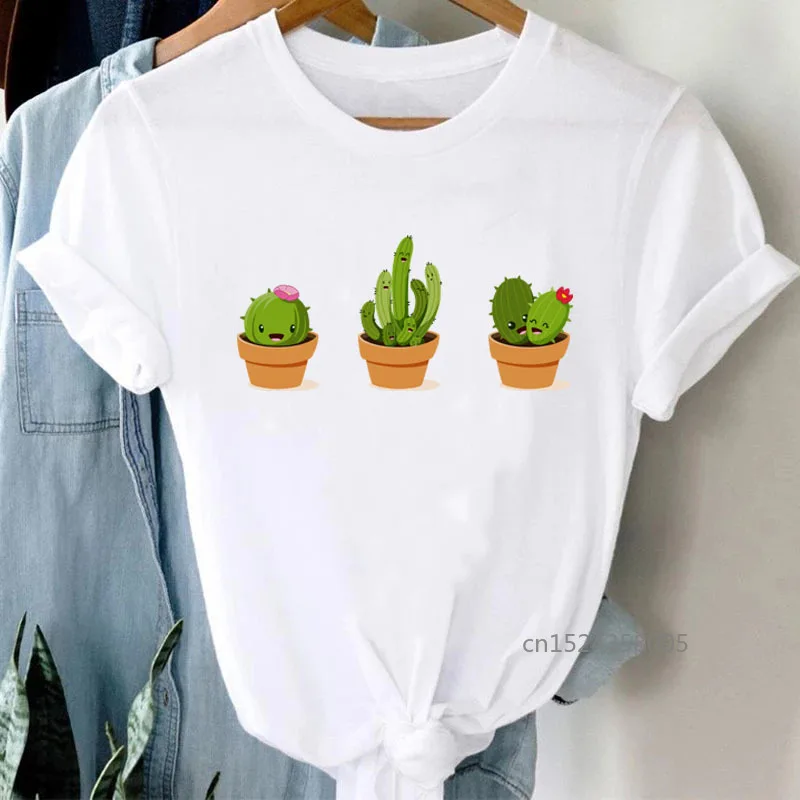 

Female T-shirt Cartoon Colorful Cactus Printed Women Tops Casual O Neck Short Sleeve Tshirts White Tee Shirt Streetwear Clothes