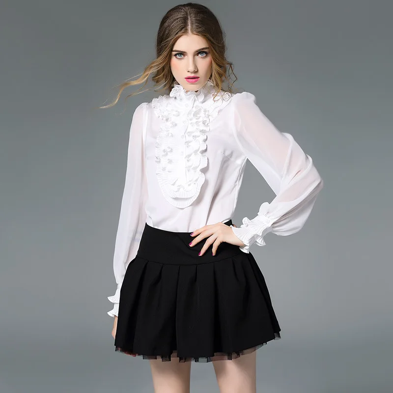 

white chiffon ribbon silk blouse for women high quality long sleeve plus size sexy casual office dress shirts clothes dropship