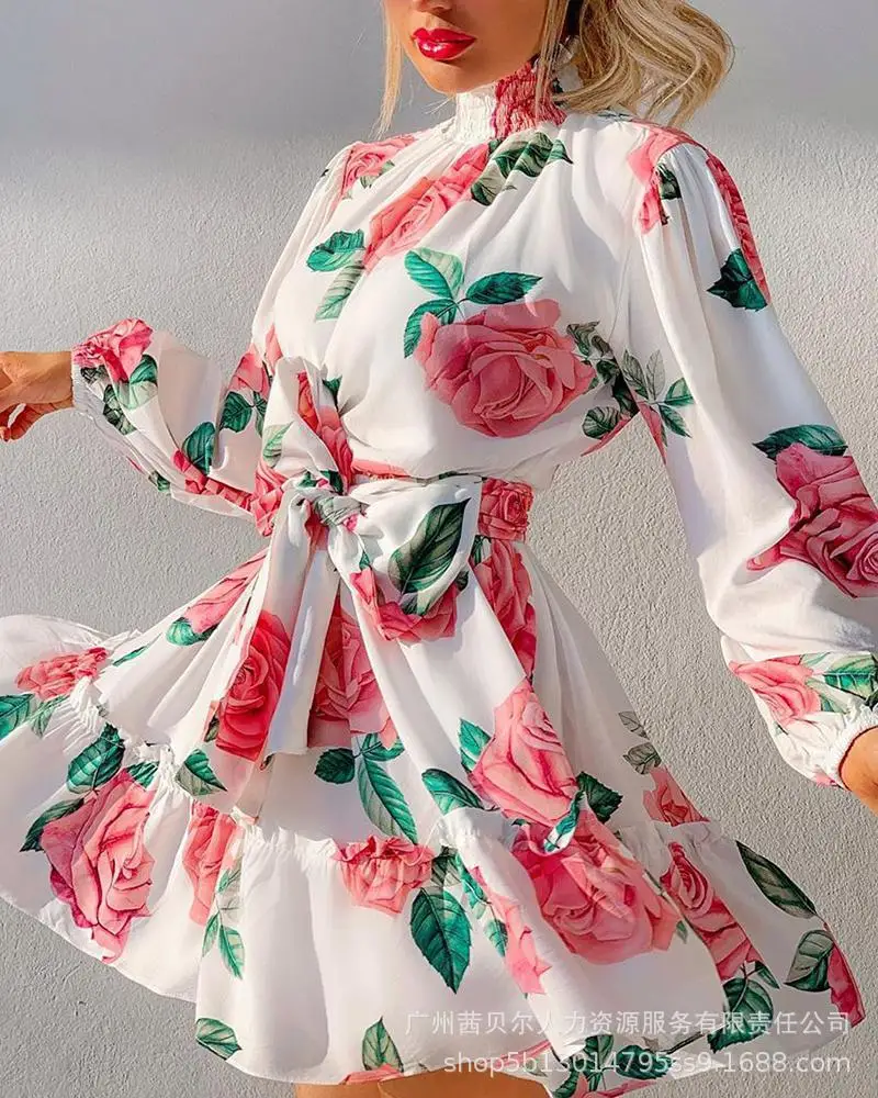 

2021 New Rose Print Lace Ruffle Dress