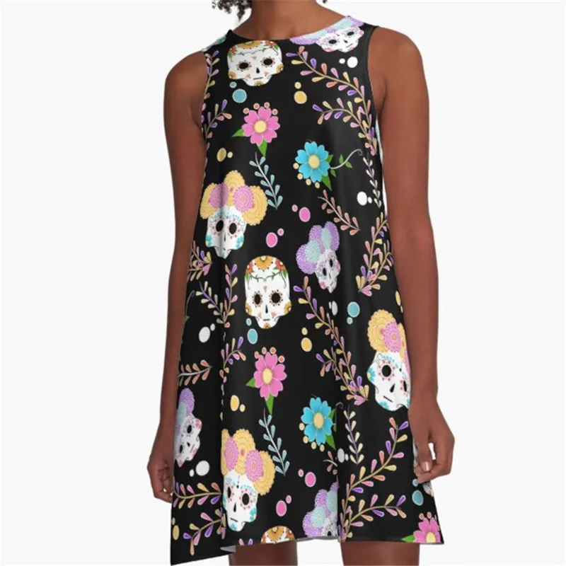 

Fashion Women summer dresses sequin Sugar Skull Printed A-Line Boho Dress for women harajuku Sexy ladies mini short beach dress