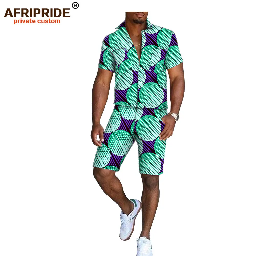 Африканский принт, летние шорты, набор для мужчин, AFRIPRIDE, короткий рукав, однобортный Топ+ шорты до колен, повседневный комплект A1816006 - Цвет: 340X