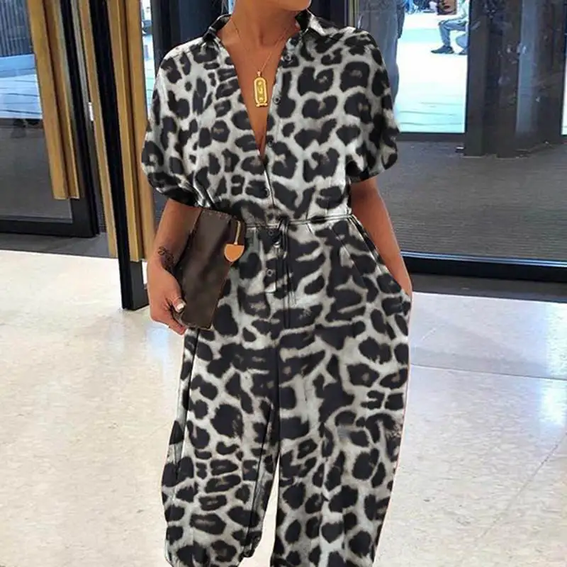 

Plus Big Size 4XL 5XL Workout Wear Leopard Print Long Pant Short Sleeve Sport Romper Loose Jump Suit Casual Jumpsuits For Women