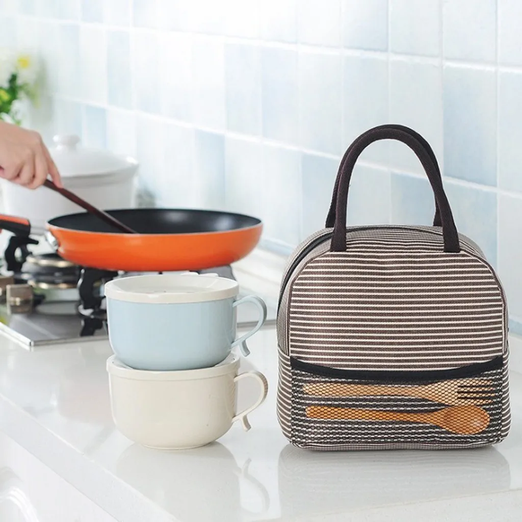 Сумка для хранения еды портативная полосатая Термосумка обедов холст контейнер