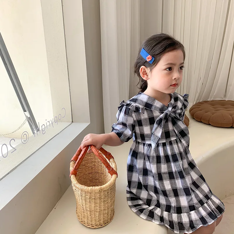 

Платье WLG для девочек, детская одежда, летние клетчатые платья с коротким рукавом и бантом, повседневные универсальные платья для маленьких ...