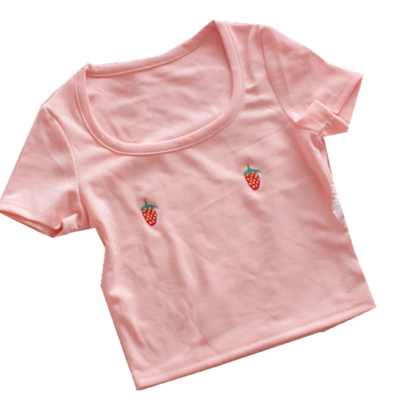 Футболка женская хлопковая с коротким рукавом и рисунком клубники|Футболки| |