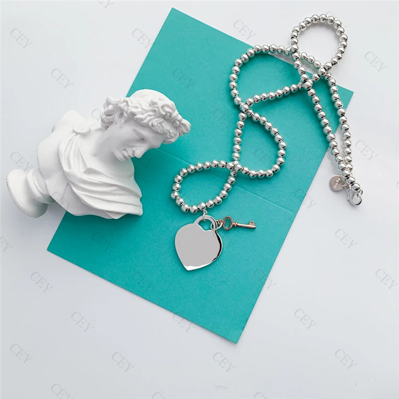 

Tf S925 Sterling Silver Enamel Classic Heart-shaped 4mm Round Bead Necklace Simple Personality Style Valentine's Day Gift