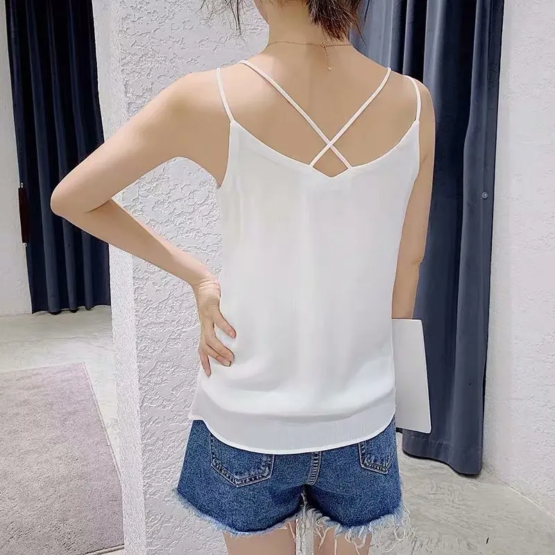 Korean Chiffon Tops Women V-neck Backless Tank Sexy Vest Black Crop Top Plus Size Woman Sleeveless Halter Camis | Женская одежда