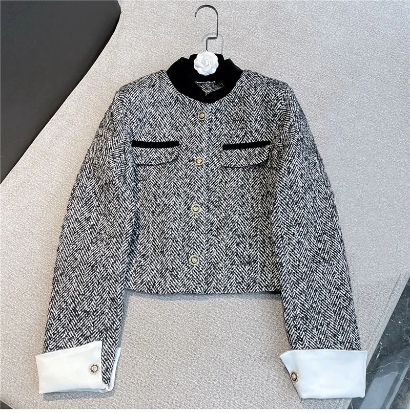 

Fashion Designer Women's Color Block Wool Tweed Houndstooth Jacket 2021 Newest