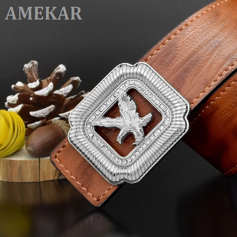 

High Quality eagle Golden buckle belt men Cowskin luxury brand Coffee Grain Retro genuine leather Waist Strap 3.8 wide Q9