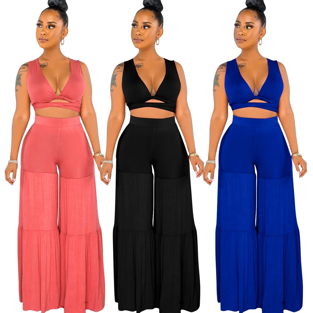

Q21s807 European American women's spring and summer sexy binding V-neck pleated wide leg pants two-piece wholesale