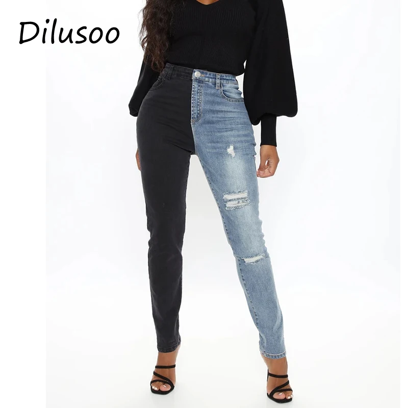 

Dilusoo Contrast High Waist Jeans Pants Women Elastic Holes Ripped Jeans Skinny Pencil Pants Female Casual Jeans Trousers 2021
