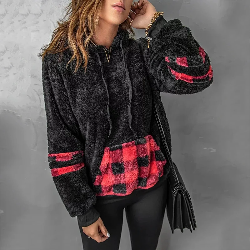 

Women‘s Hooded Sweatshirt Hoodies Warm Women Sweater Hooded Plaid Sweater