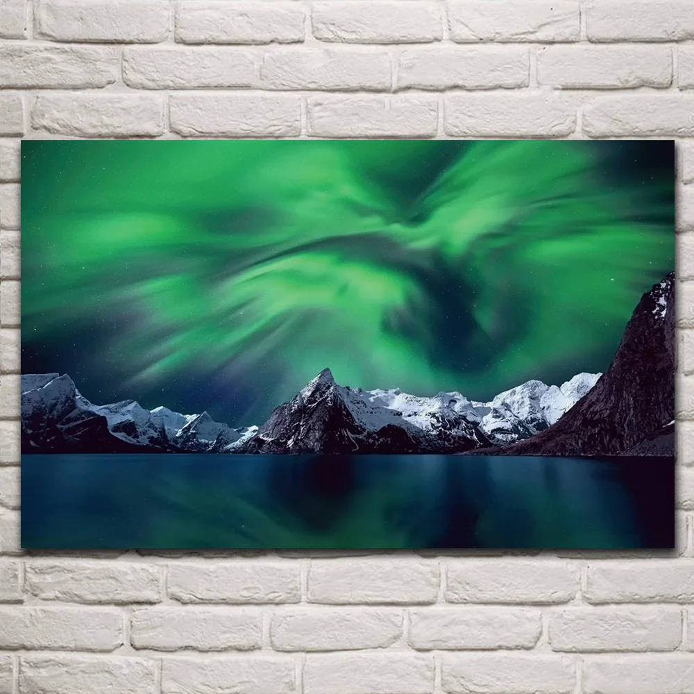 

Тканевые постеры на стену Aurora Borealis Sky Lofoten Mountain Island с северным светом, художественное украшение для гостиной KQ261