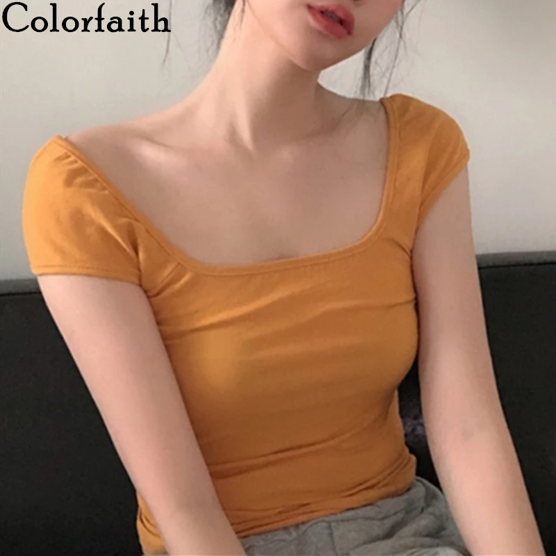 Женские повседневные футболки Colorfaith однотонные с квадратным воротником базовая