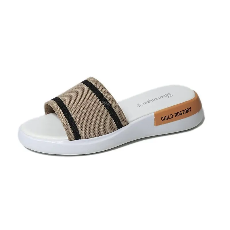 

Shoes Slippers Women Summer Shallow Pantofle Beige Heeled Sandals 2021 Soft Black PU Rubber Slip-On Round Toe Basic Solid Fabric