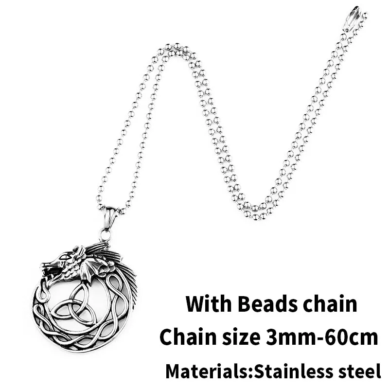with bead chain Стальной солдат Norse Голова Дракона Викинги кулон ожерелье 316L нержавеющая сталь животное Личность ювелирные изделия - Окраска металла: with bead chain