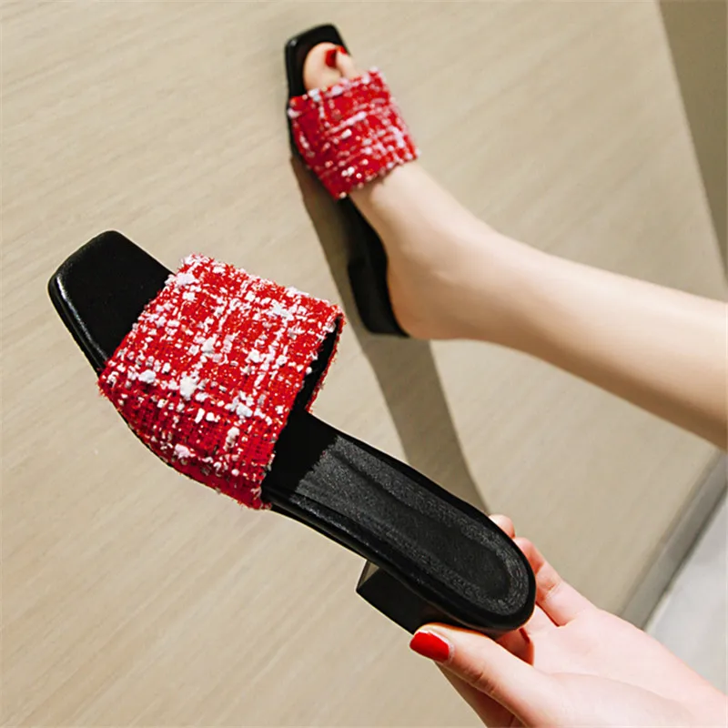 

2020 New Women Fashion Slipper Square High Heel Classics Strap Sandal Ladies Elegant New Summer Bohemian Pumps Slides
