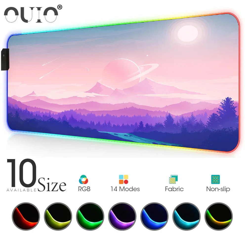 

OUIO Landscape RGB Mouse Pad Pink Blue Gamer Accessories Large LED MousePad XL Gaming PC Computer Desk with Backlit Rubber Mat