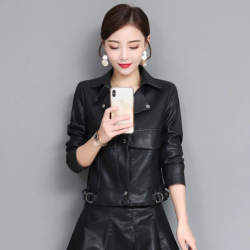 Women Coat Fashion Korean Black Faux Leather Jacket Spring 2023 Abrigo Mujer QQ06160 Pph560
