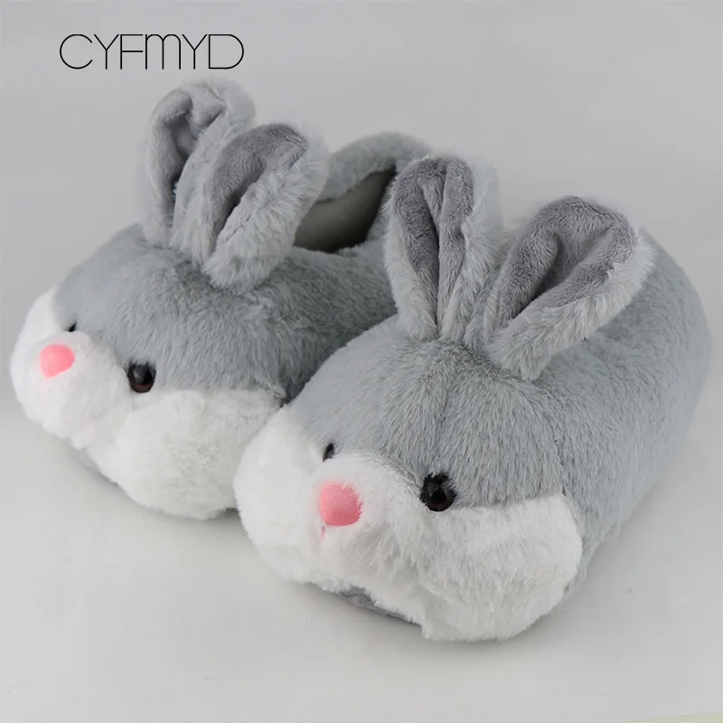 Grey Женские тапочки с милыми животными; домашняя обувь с кроликом для девочек; Большой размер 42; нескользящие зимние тапочки на плоской подошве; короткая плюшевая подошва из термопластичной резины - Цвет: Grey