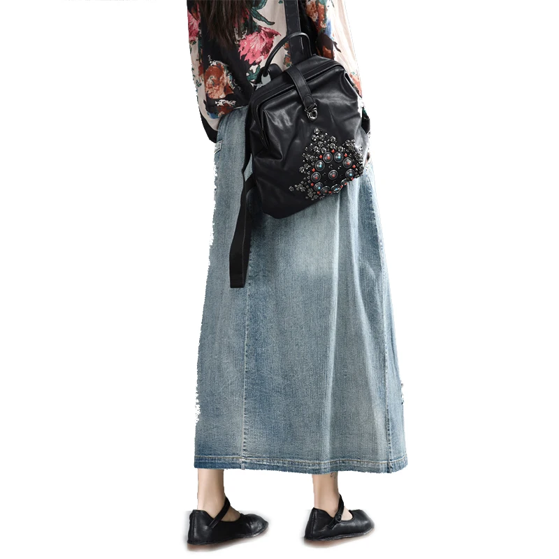 Women Denim Skirt Retro Vintage Fashion Long Loose Elastic Waist Embroidery Floral Print A09101369 | Женская одежда