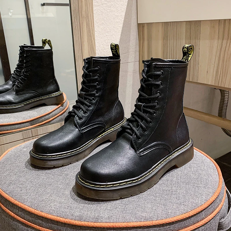 

2021 Fashion Chunky Boots Autumn Lace Up Ankle Boot For Women Casual Round Toe Combat Martin Black Boots Platform Ladies Shoes