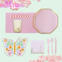 pink butterfly disposable tableware set butterfly tableware tissue paper cup girl birthday party baby baptism decoration