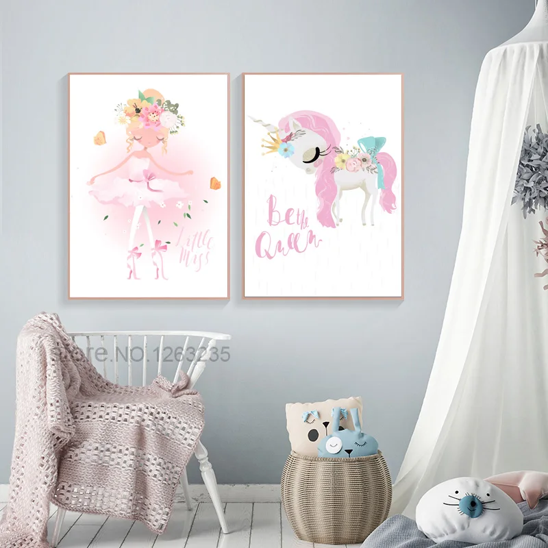 Розовый Единорог скандинавский принт цветок постер с принцессой украшение
