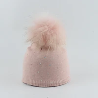winter hat pompom boy girl ribbed wool knit beanie rhinestone real raccoon fur autumn warm outdoor skiing accessory for baby