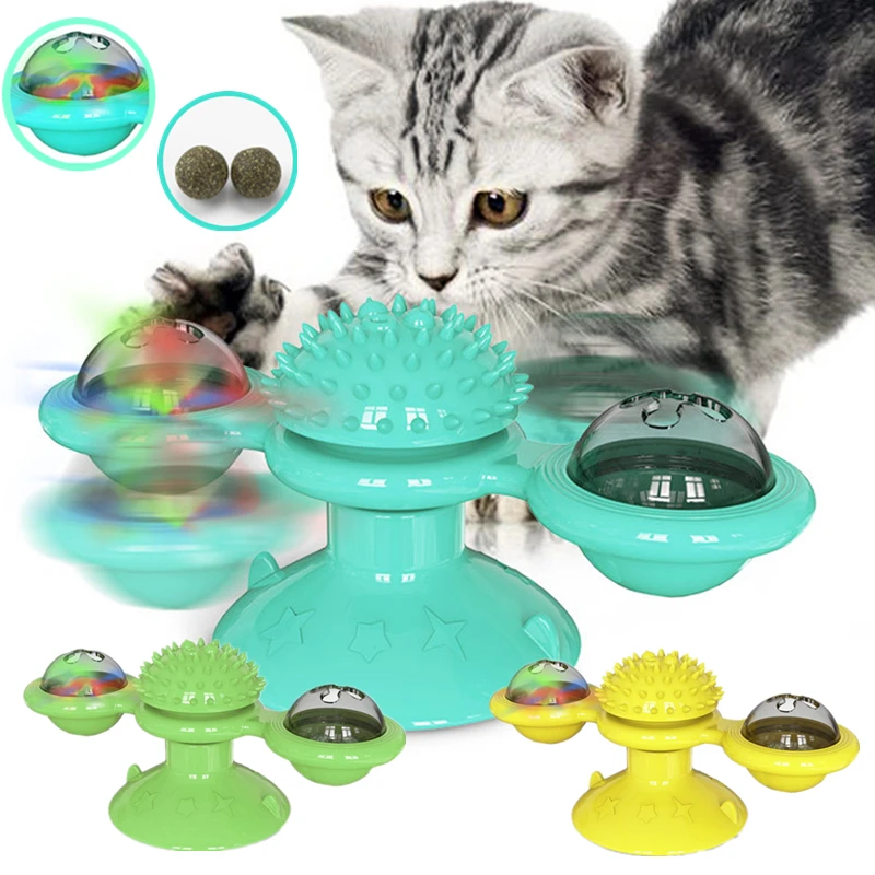 

Interactive Cat Toy Puzzle Training Turntable Windmill Ball Massage Suction Cup Cat Supplies with Catnip