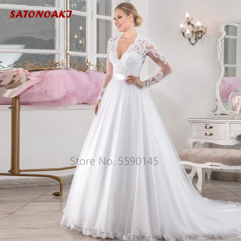 

2020 Princesa Long Sleeves Wedding Dress Lace Appliques Pearls Belt V-Neck Robe Mariage A-Line Bridal Gown Vestido De Novia