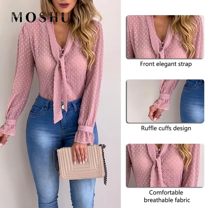 

Sexy Women Polka Dot Chiffon Blouses 2019 Fashion Long Sleeve With Tie Shirt Office Blouse See Through Slim Casual Tops Female