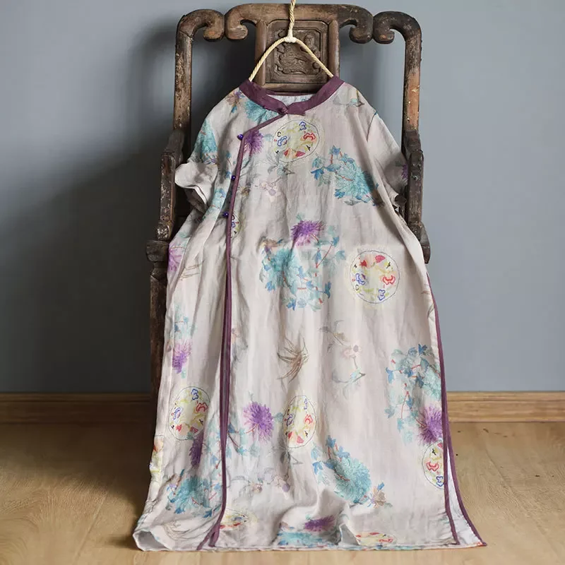 

Women Vintage Ramie Stand Dresses Print Floral 2021 Summer High Quality Short Sleeve Button Female Chinese Style Dress
