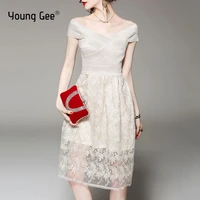 young gee women sexy off shoulder floral embroidery lace dresses celebrity hl bandage stretch v neck bodycon dress vestido midi