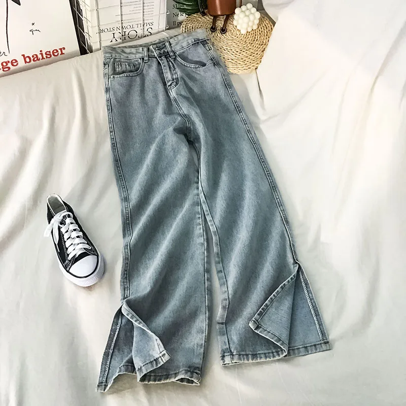 

Light Blue Split Jeans for Women 2021 New High Waist Slimming and Straight Mop Pants Wide Leg Pants Fashion Ins