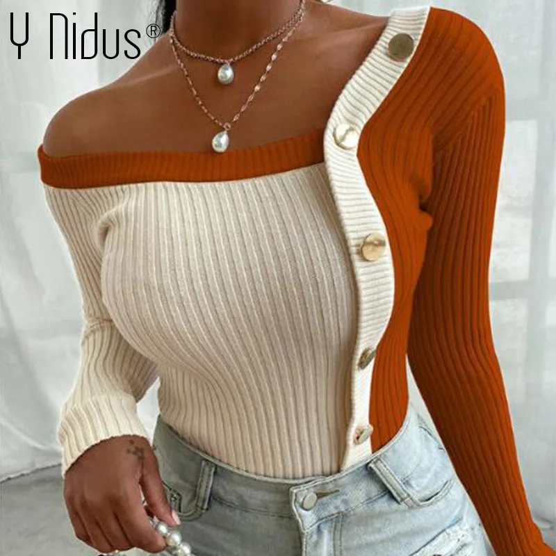 

Women Sexy Slash Neck Sweater Buttons Ribbed Knitted Top Autumn Long Sleeve Patchwork Slim Pullover Elegant Female Solid Jumper