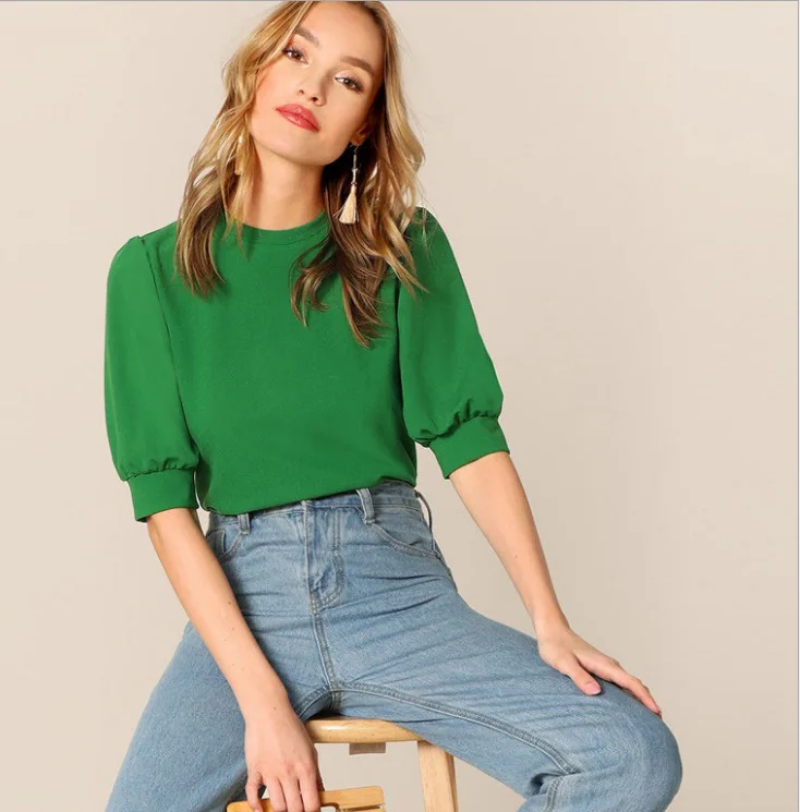 Женский Повседневный однотонный топ с рукавами фонариками и открытой спиной