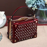 fashion rivet diamond women handbag cowhide leather ladies cosmetic evening bag purses small hard square box messenger bags