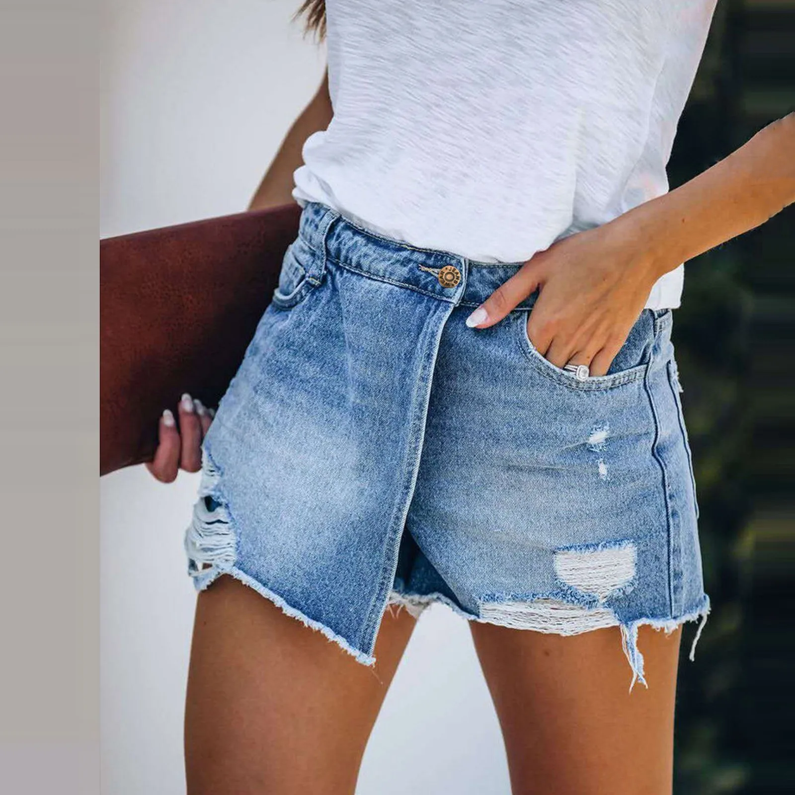 

2021 Women Ripped & Repaired Denim Shorts High Waist Bodycon Distressed Hole Bottoms Casual Pockets Sexy Short Jeans