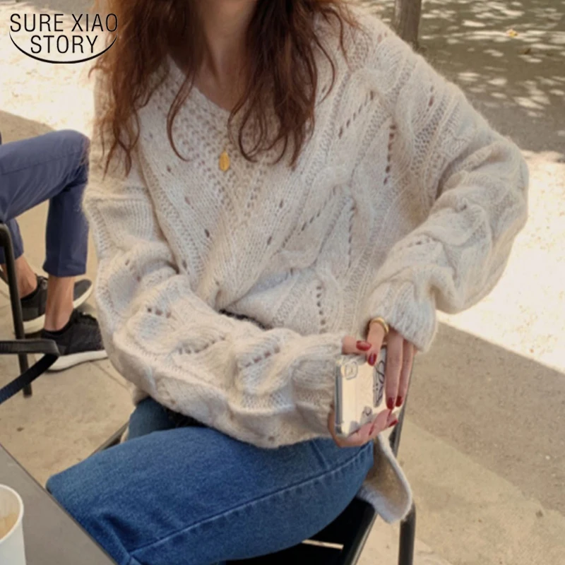 

Модный женский винтажный пуловер, абрикосовый шерстяной свитер, осенне-зимний вязаный свитер с v-образным вырезом, свободный свитер 11649