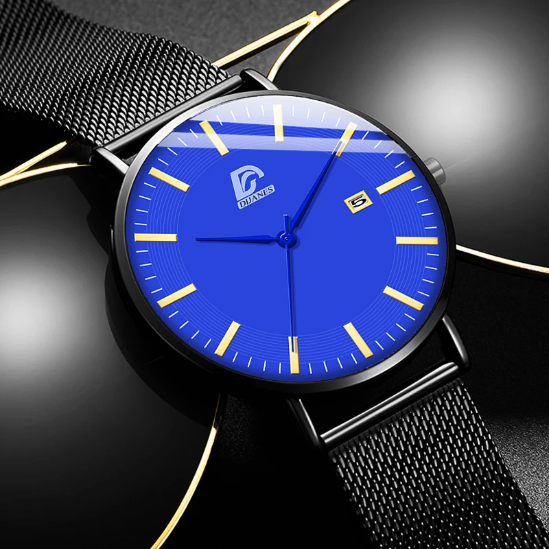 

DIJANES Mens Fashion Business Minimalist Watches Ultra Thin Stainless Steel Mesh Belt Analog Quartz Wrist Watch Reloj Hombre