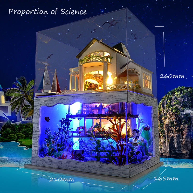 

DIY girls princess Hawaii ocean view Villa Miniature doll House 3D wood Dollhouse Miniature Model micro landscape toys for kids