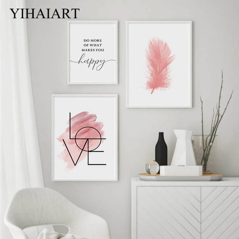 

Motivational Love Text Wall Art Canvas Poster Nordic Pink Feather Print Painting Minimalist Decorative Picture Modern Home Decor