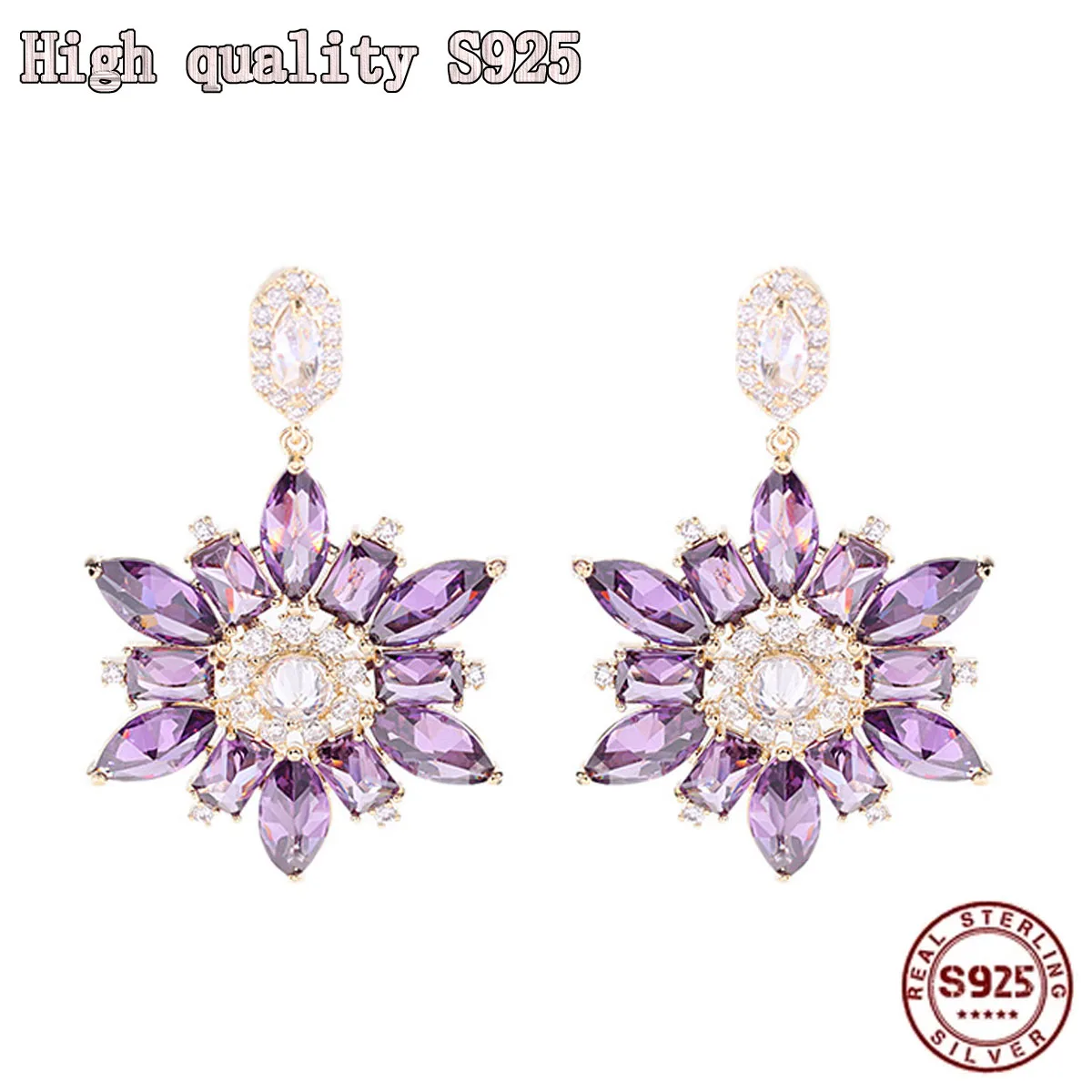 

2021 Fashion Jewelry Top Grade S925 Silver Needle Inlaid Shining Zircon Color Snowflake Flower Earrings for Women Jewerly