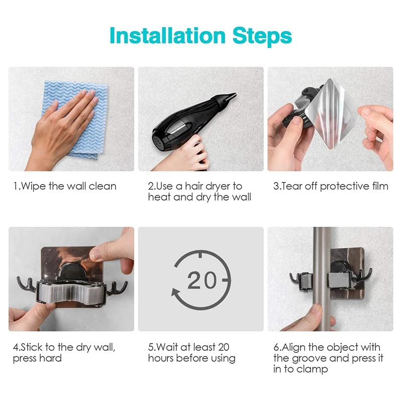 

4Pcs Broom and Mop Holder Wall Mounted, Broom Holder, Mop Clip, Self Adhesive Hooks, Kitchen Racks and Tool Organizer