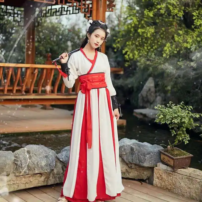 Платье в красно белую полоску Китайский традиционный ханьфу платье Тан костюм