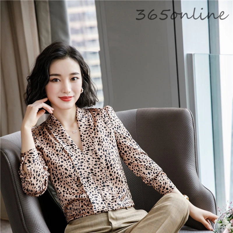 Женская шифоновая блузка с длинным рукавом v-образным вырезом и леопардовым